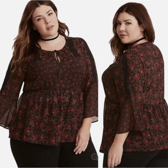 Torrid Black and Red Rose Print Chiffon Lace Long Sleeve Feminine Blouse Size L - Picture 1 of 12